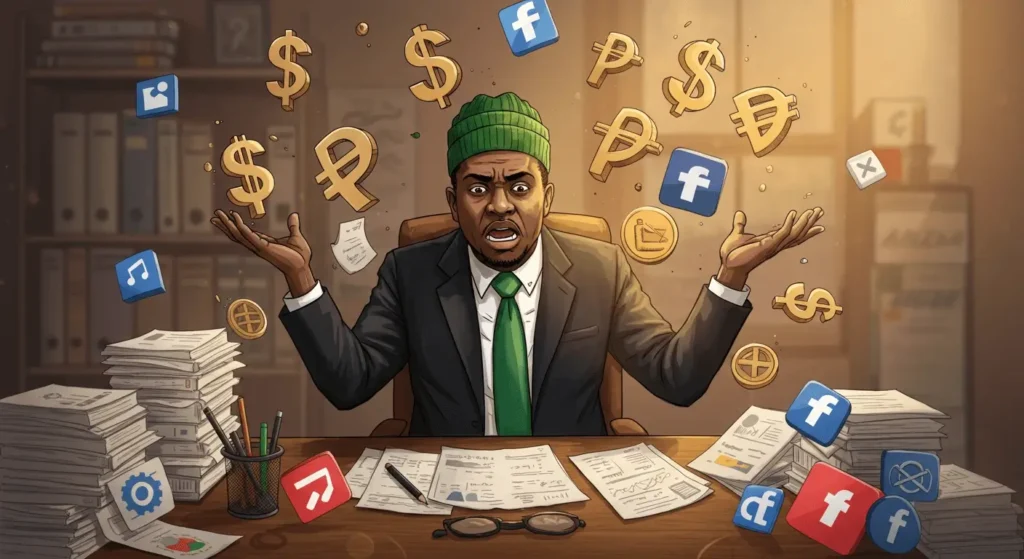 red-flags-bad-digital-marketing-agency-nigeria Frustrated Nigerian entrepreneur dealing with unreliable digital marketing agency reports.